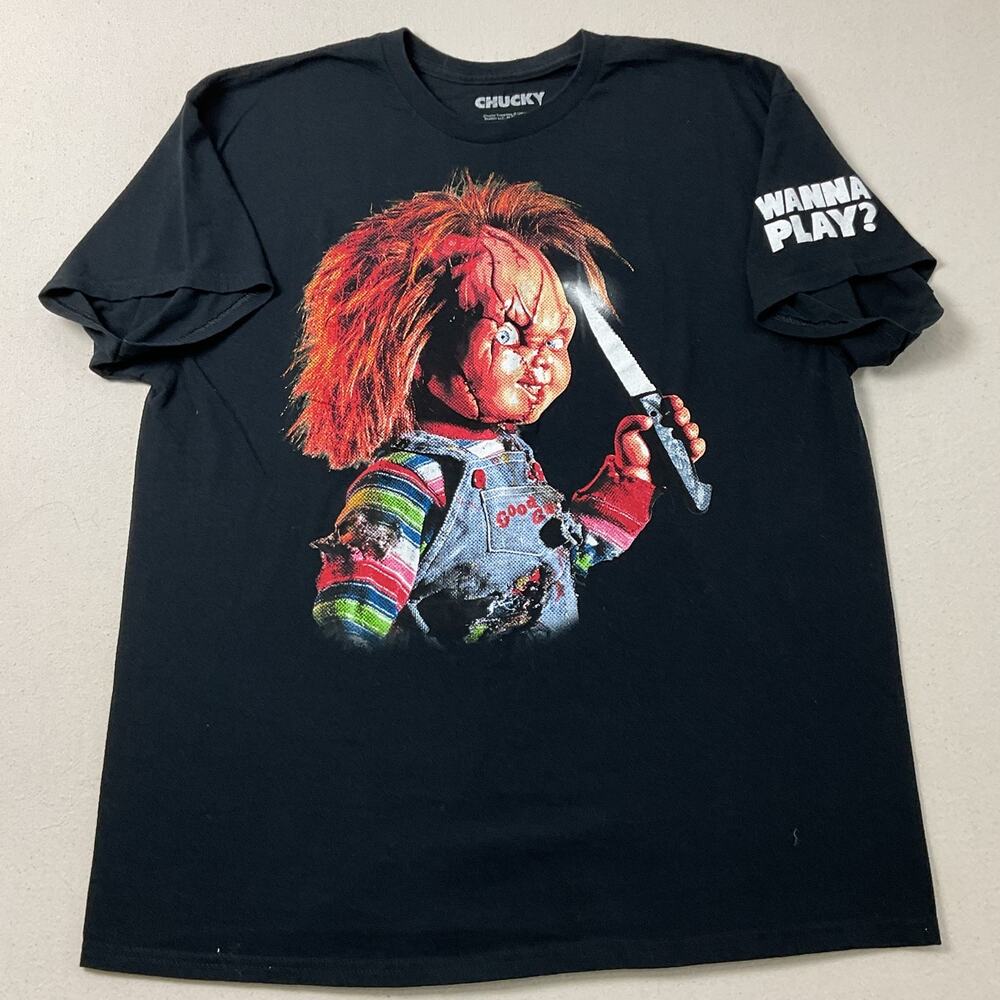 Chucky Wanna Play Black Halloween T Shirt Adult XL